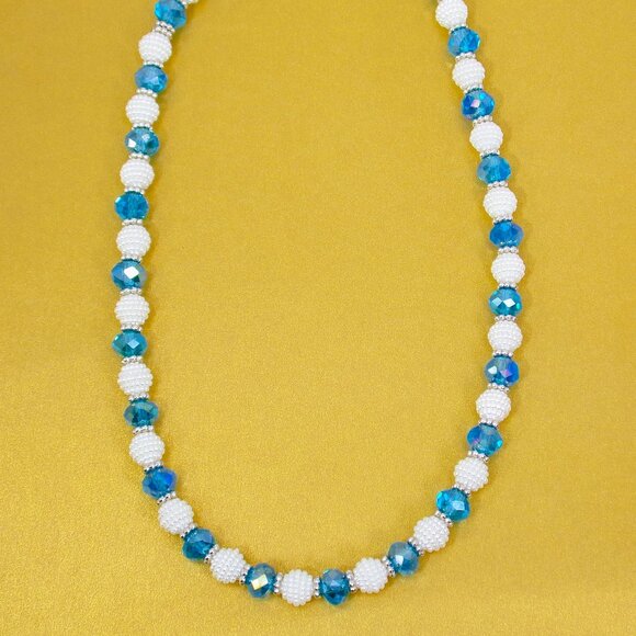 Blue glass and white round bead necklace an earring set with silver spacer beads - Picture 9 of 15